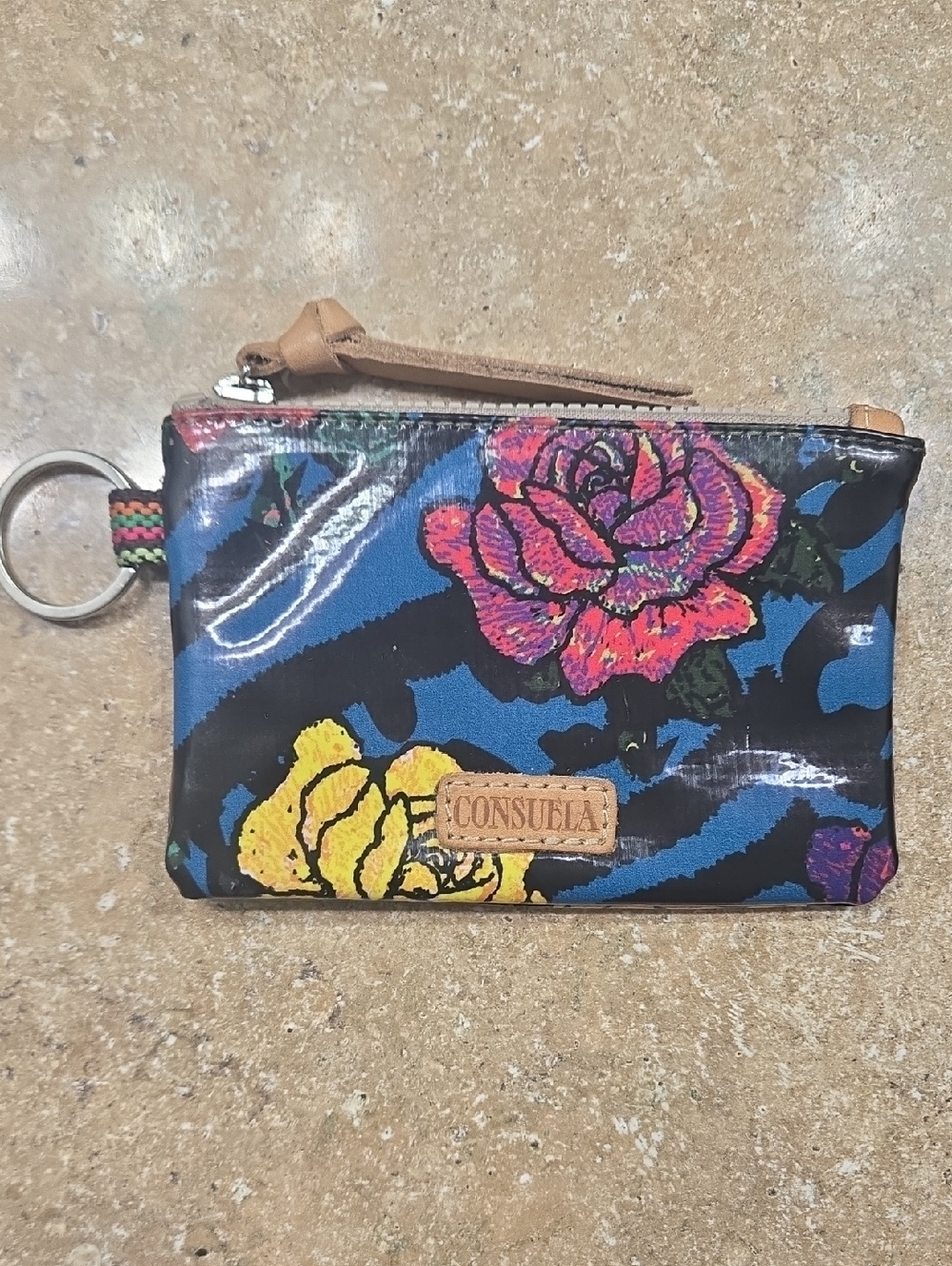 Consuela Blue Floral Vinyl Zip Coin Purse with Multicolor Roses